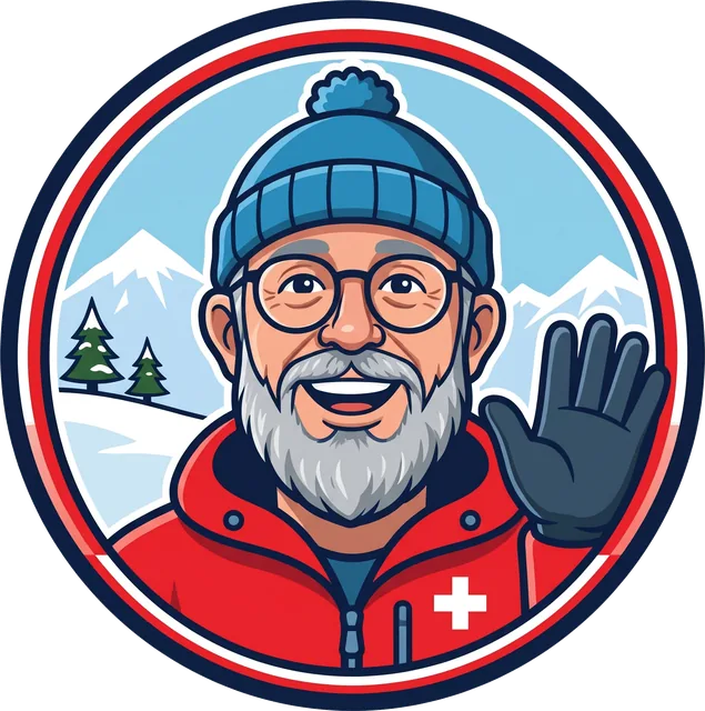 Skilehrer Sandro als Cartoon im roten Skianzug mit Schweizerkreuz, winkend